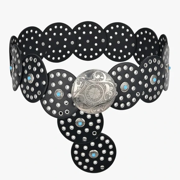 Western Leather Belt Boho Black and Silver Polka Dot Belt fits ways many sizes - Picture 2 of 8